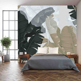 Black, Brown and White Banana Leaves On Light Gray Background Wallpaper Master Bedroom Mural