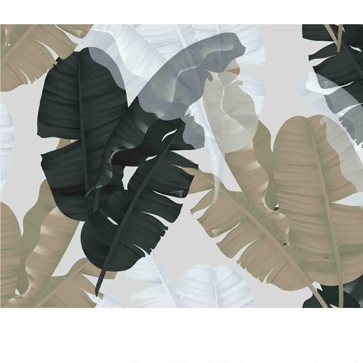 Black, Brown and White Banana Leaves On Light Gray Background Wallpaper Master Bedroom Mural