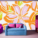 Floral Brush Strokes of Beautiful Orange, Pink and Green Colors Wallpaper Girl Bedroom Mural