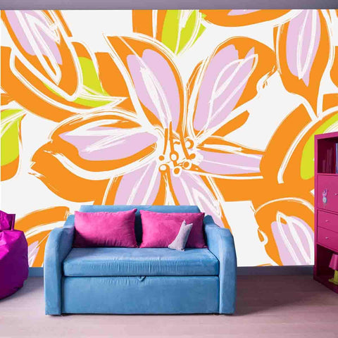 Floral Brush Strokes of Beautiful Orange, Pink and Green Colors Wallpaper Girl Bedroom Mural