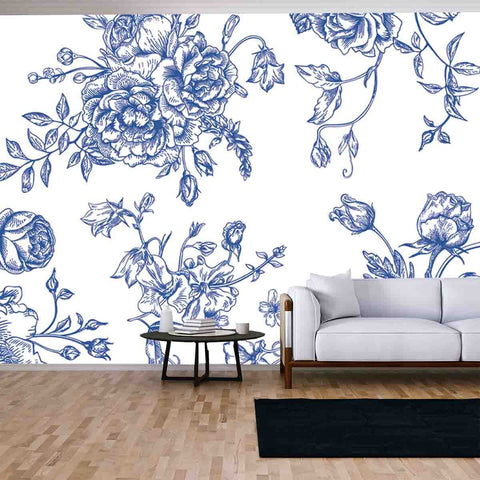 Vintage Pattern with Bouquet of Blue Flowers on a White Background Wallpaper Living Room Mural