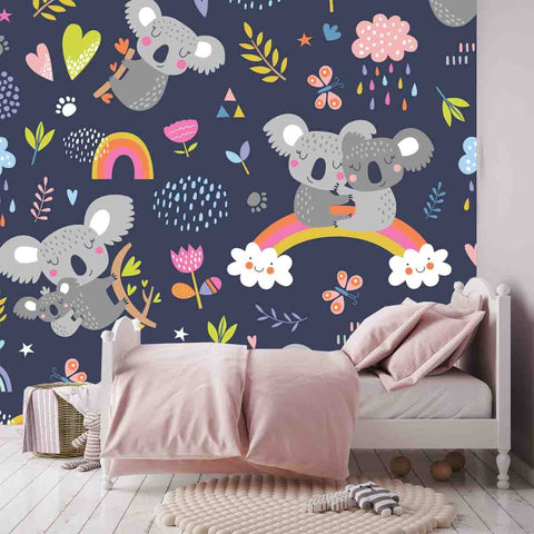 Cute and Colorful Koala on Rainbows Wallpaper Little Girl Bedroom Mural