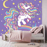 Cute, Cartoon White Unicorn on a Rainbow Among the Stars Wallpaper Little Girl Bedroom Mural