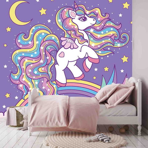 Cute, Cartoon White Unicorn on a Rainbow Among the Stars Wallpaper Little Girl Bedroom Mural