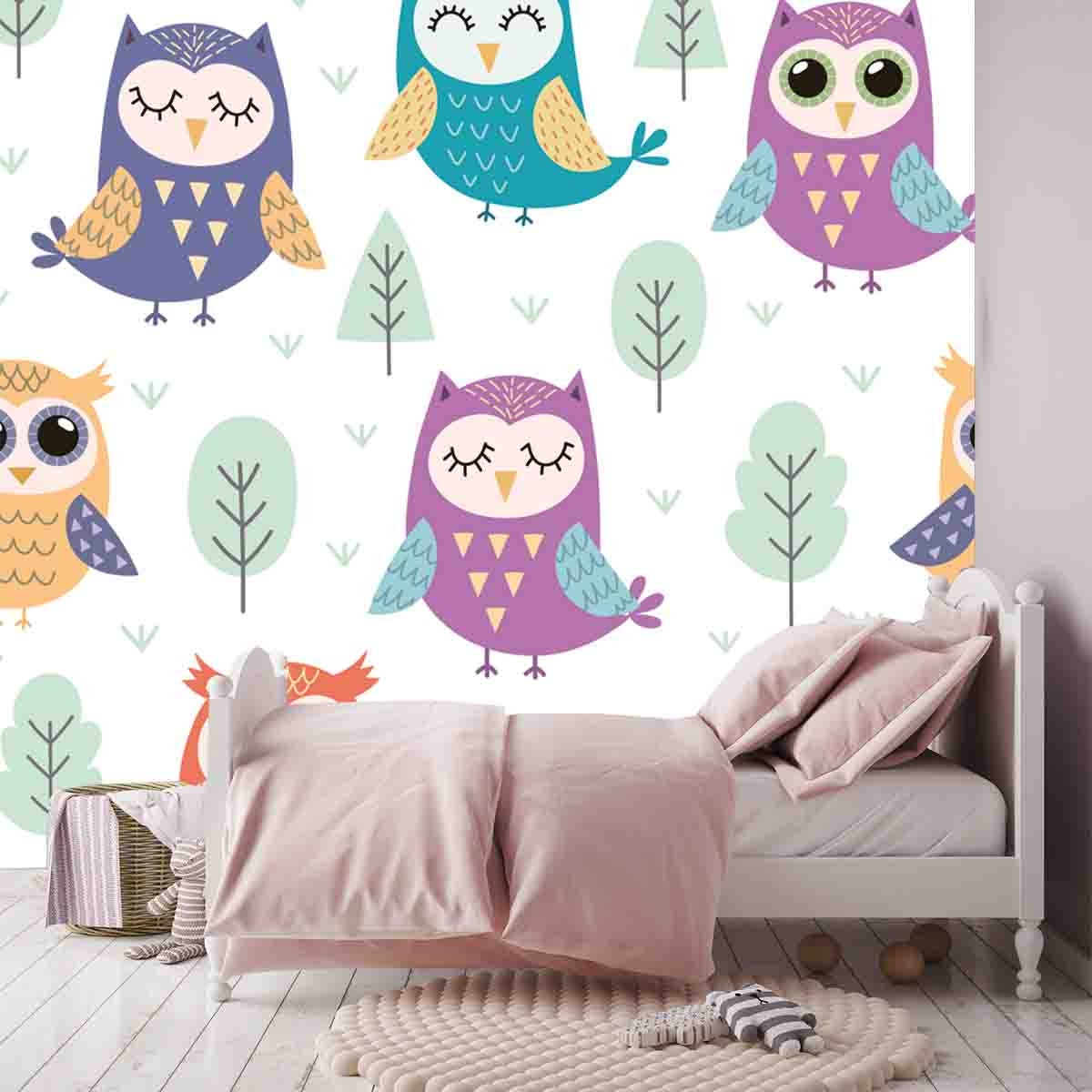 Cute Owls Seamless Pattern. Funny Forest Background Wallpaper Little Girl Bedroom Mural