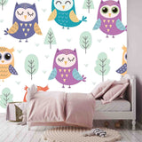 Cute Owls Seamless Pattern. Funny Forest Background Wallpaper Little Girl Bedroom Mural