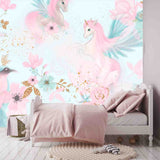 Girls Pink and Blue Unicorn and Flowers Wallpaper Bedroom Mural