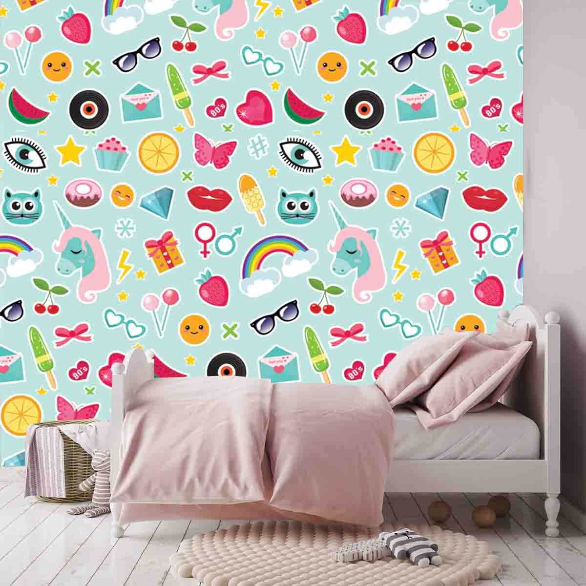 Girls Emoji On Blue Background Wallpaper Bedroom Mural