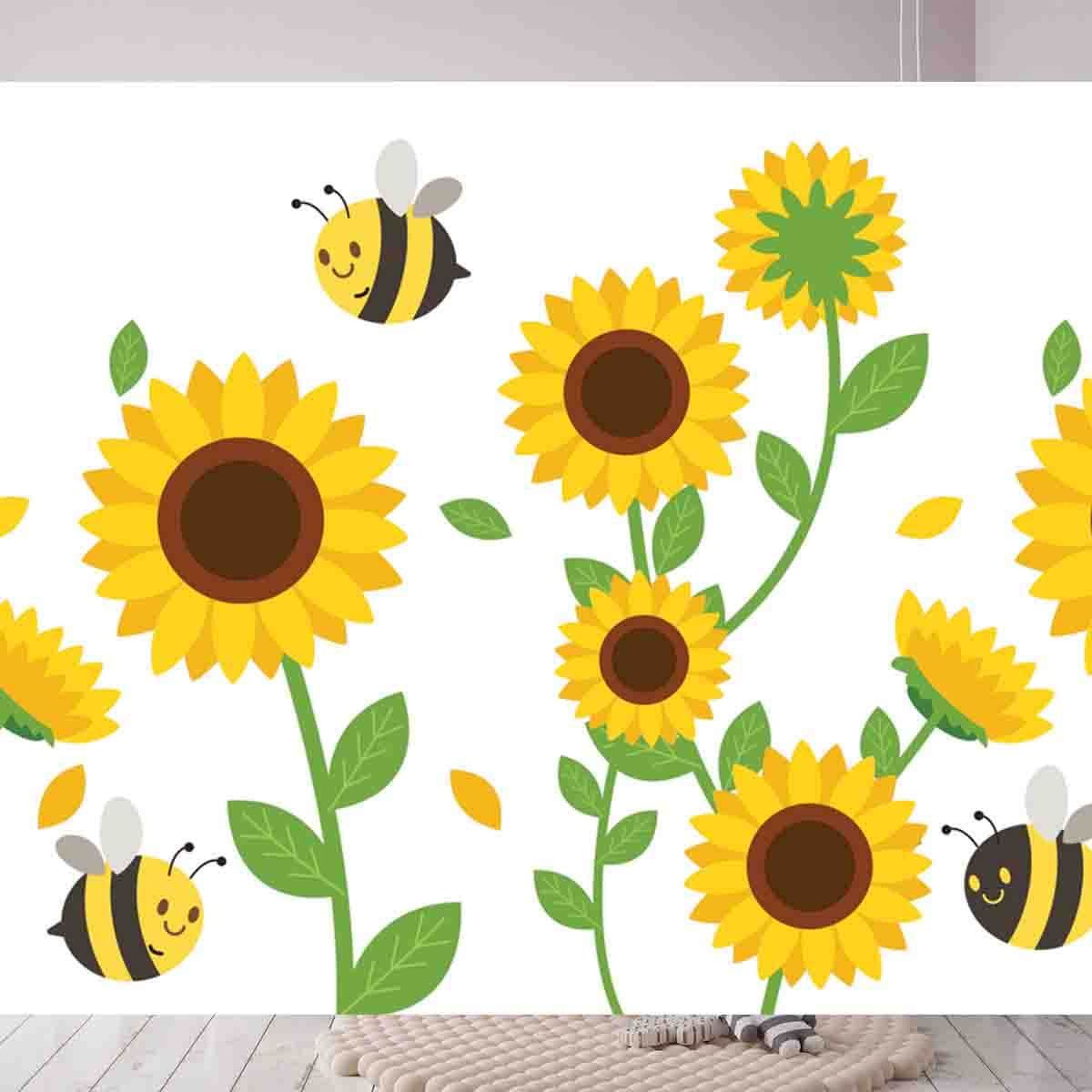 Girls Sunflower and Bumblebee Wallpaper Bedroom Mural