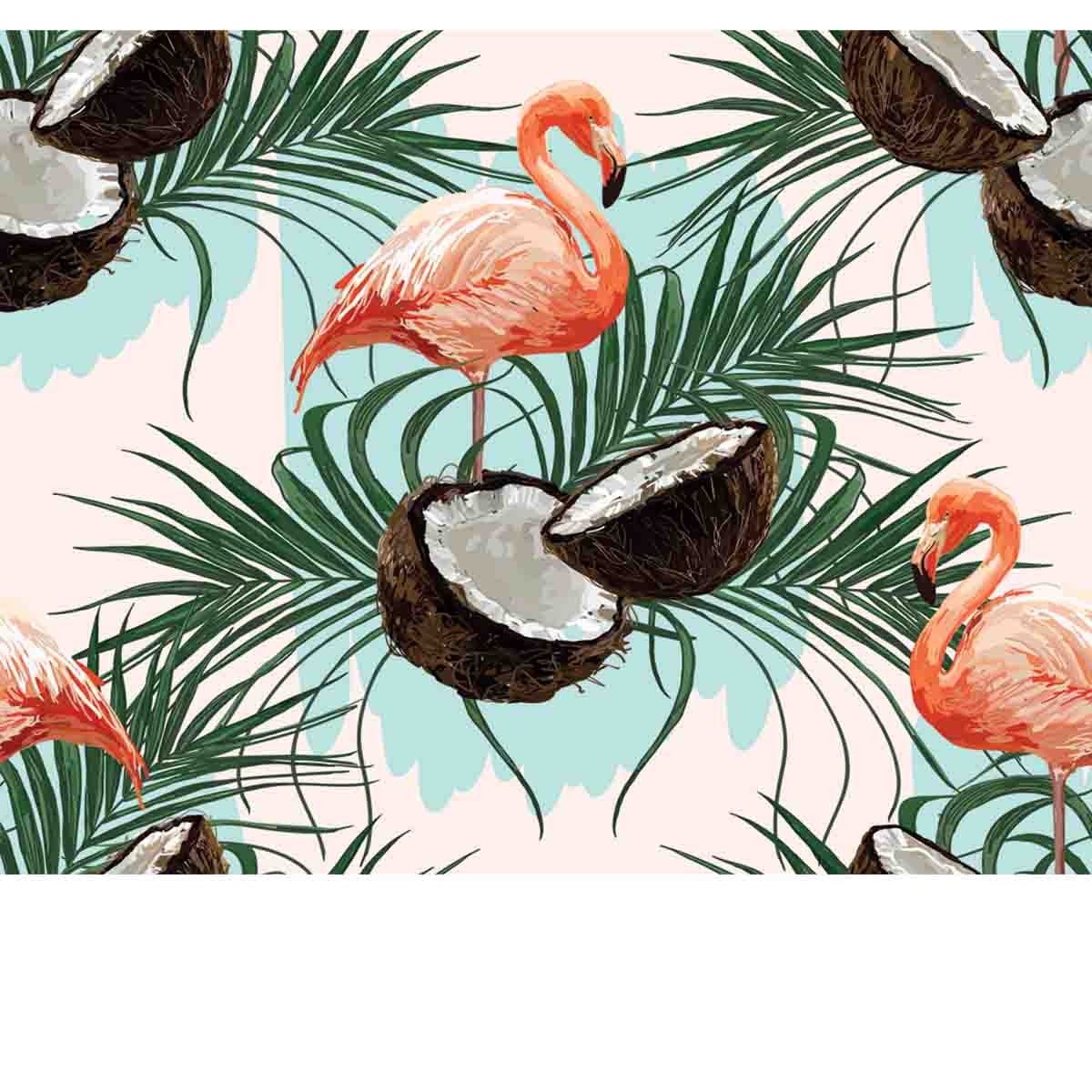 Beautiful Hand Drawn Seamless Pattern with Coconuts, Palm Leaves and Flamingo Wallpaper Bedroom Mural