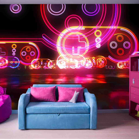 Futuristic Abstract Neon Light Gaming Pad Symbol and Video Controller Wallpaper for Teens Bedroom Mural