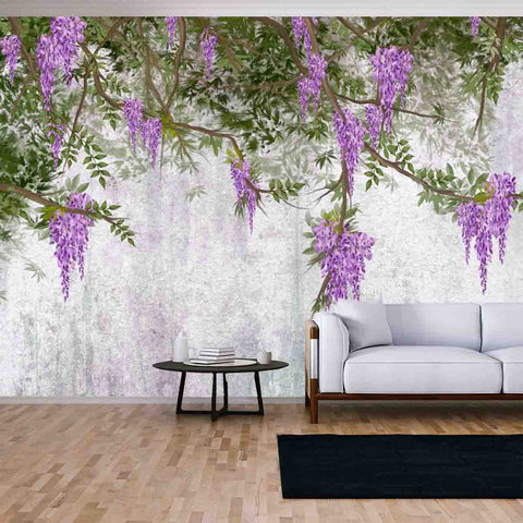 Curly Flowers Wisteria on Branches Wallpaper Living Room Mural