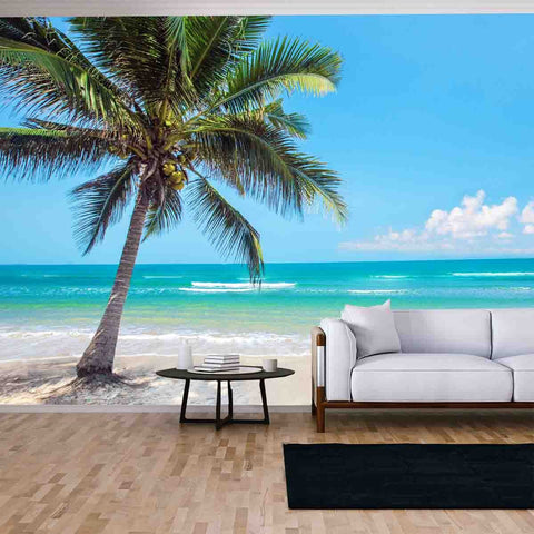 Tropical Beach with Coconut Palm Tree Wallpaper Living Room Mural