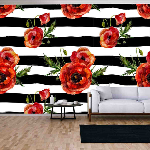 Retro Seamless Floral Pattern with Vintage Red Poppy Flower on Black Brush Stripes Background Wallpaper Living Room Mural