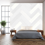 White Wooden Parquet, Seamless Herringbone Pattern. Hardwood Gray Zigzag Wallpaper Bedroom Mural