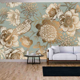 Garden Flower Peonies, Bird and Butterflies Gold Foil on a Blue Background Wallpaper Living Room Mural