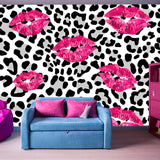 Black and Gray Leopard Print with Pink Kisses Wallpaper Teen Girl Bedroom Mural