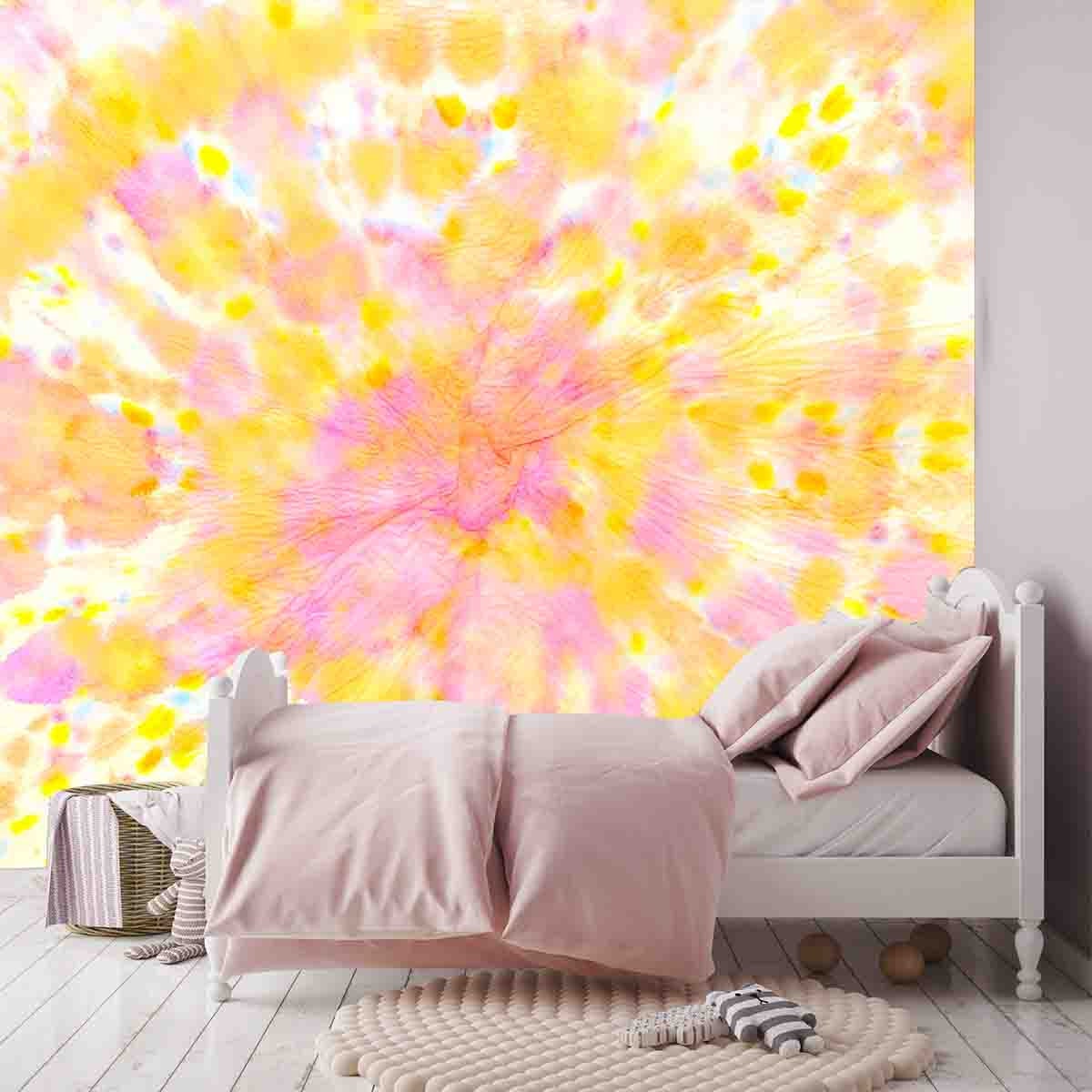 Yellow Tie Dye Flowing Splattered Art Wallpaper Girl Bedroom Mural