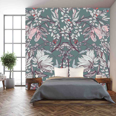 Floral Pattern with Twigs and Flowers of Plants on a Grey Color Background Wallpaper Bedroom Mural