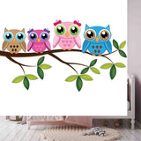 Four Colorful Owls Sitting on the Branch on a White Background Wallpaper Little Girl Bedroom Mural