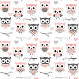 Cute Pattern with Cartoon Owls, Hearts and Branches in Pink and Grey Colors Wallpaper Girl Nursery Mural