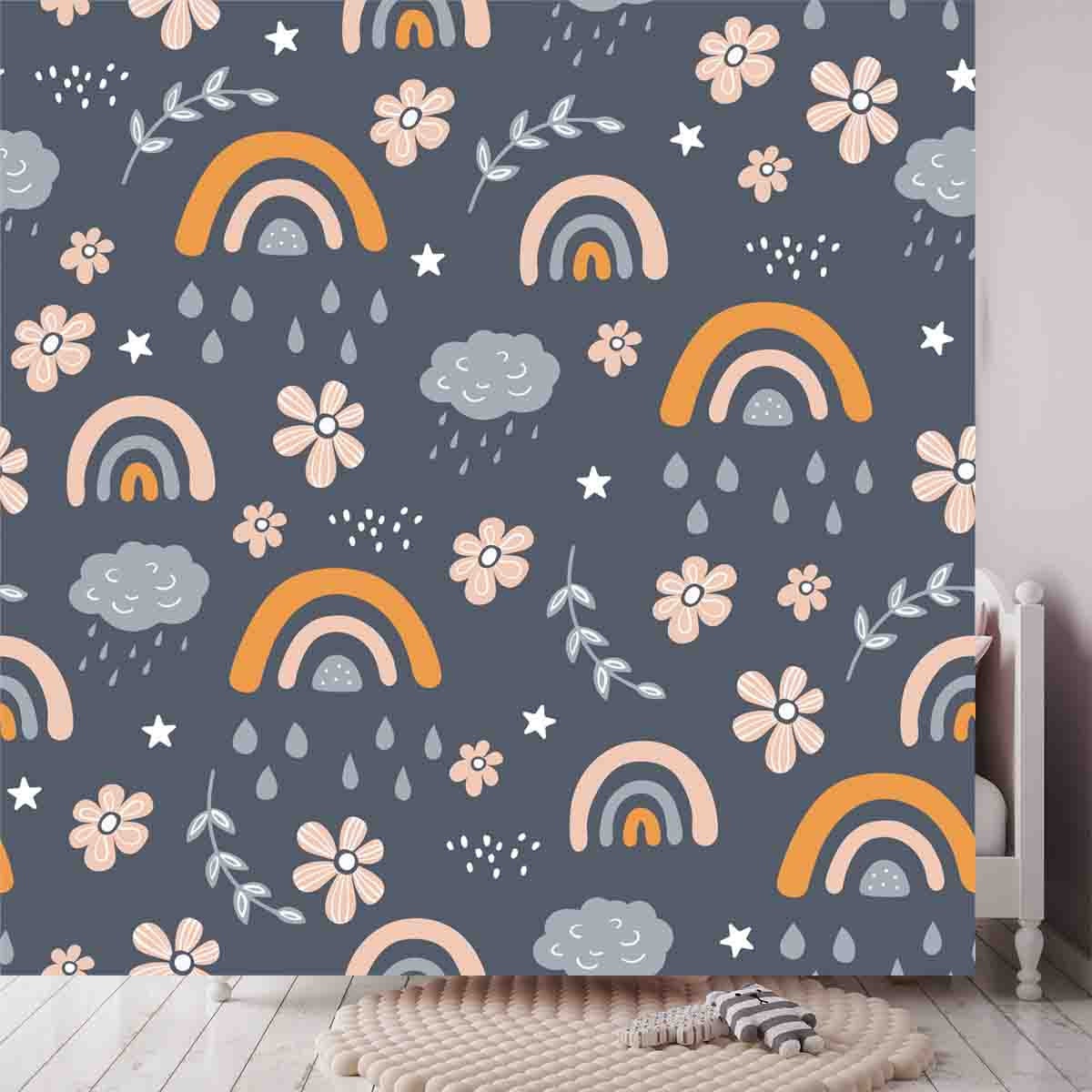 Seamless Pattern with Cloud and Rainbow in the Sky Wallpaper Little Girls Bedroom Mural