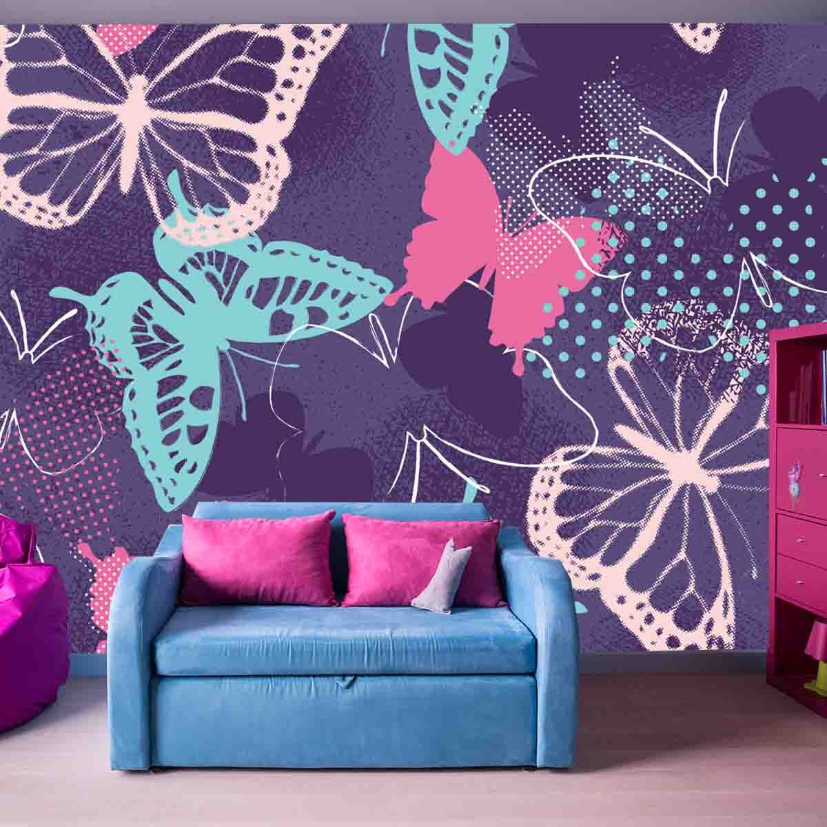 Pixelated Graffiti Butterflies in a Pretty Color Pallet Wallpaper Girl Bedroom Mural