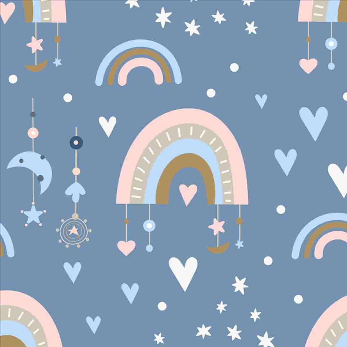 Seamless Pattern in Boho Style with Rainbows, Hearts, Stars. Kids Illustration for Nursery Design Wallpaper Girl Nursery Mural