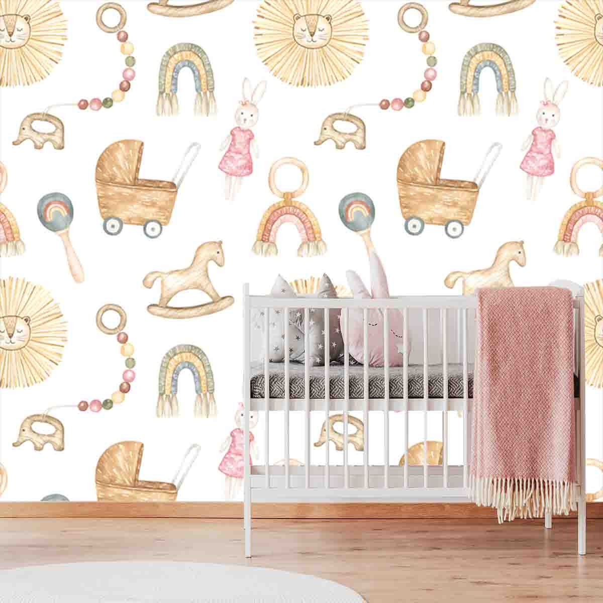 Seamless Pattern with Watercolor Boho Baby Toys Wallpaper Nursery Mural