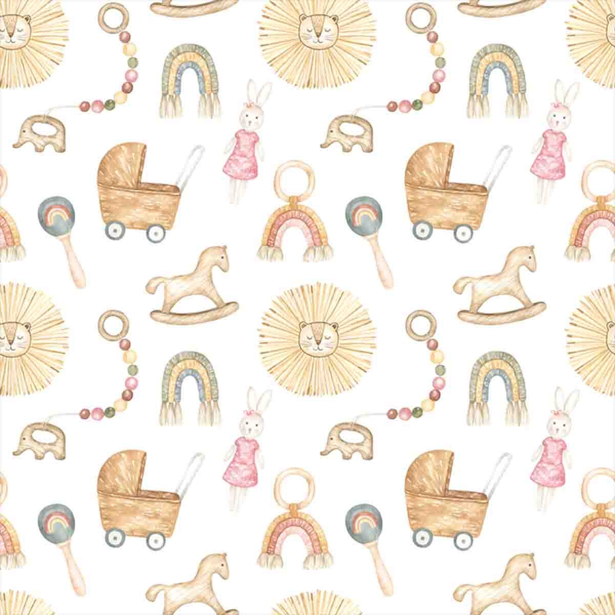 Seamless Pattern with Watercolor Boho Baby Toys Wallpaper Nursery Mural