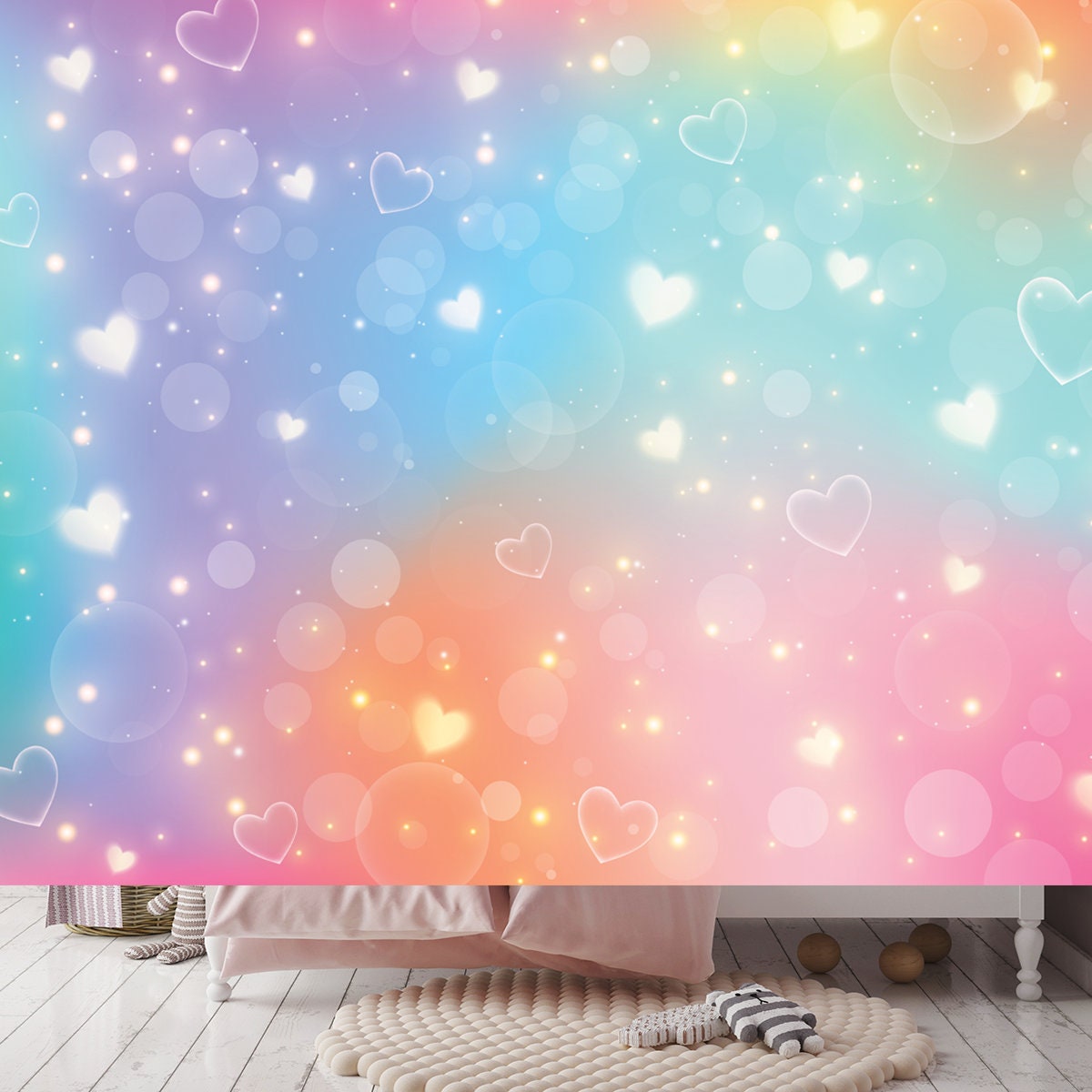 Abstract Background with Stars and Hearts. Purple Rainbow Sky with Glitter Wallpaper Girl Bedroom Mural