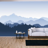 Illustration of Beautiful Dark Blue Mountain Landscape with Fog and Forest Wallpaper Living Room Mural