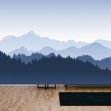 Illustration of Beautiful Dark Blue Mountain Landscape with Fog and Forest Wallpaper Living Room Mural