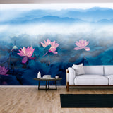 Summer Morning, Lotus, Pond and Distant Mountain Clouds and Fog Wallpaper Living Room Mural