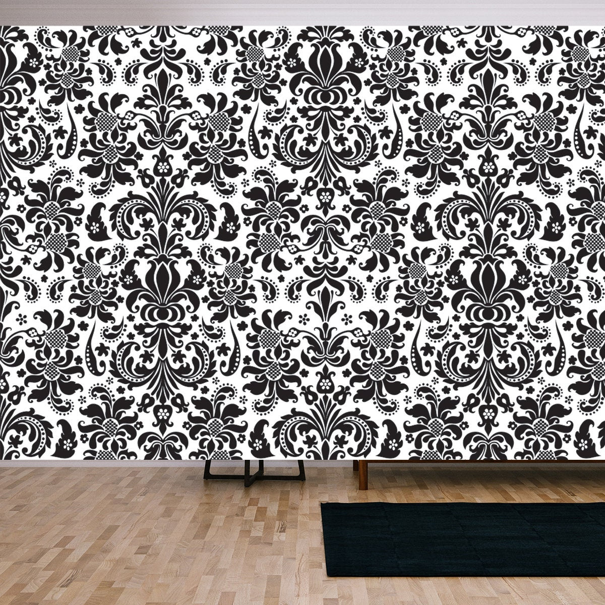 Seamless Background Damask. Ornate Black and White Vintage Background Wallpaper Living Room Mural