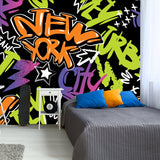 Abstract Seamless Chaotic Pattern with Graffiti Words NEW YORK. Grunge Texture Background Wallpaper Boys Bedroom Mural