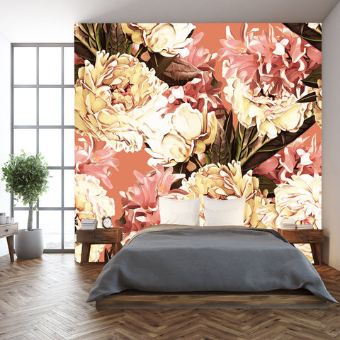 Hyacinth and Peonies Flowers, Seamless Pattern. Watercolor Art Wallpaper Bedroom Mural