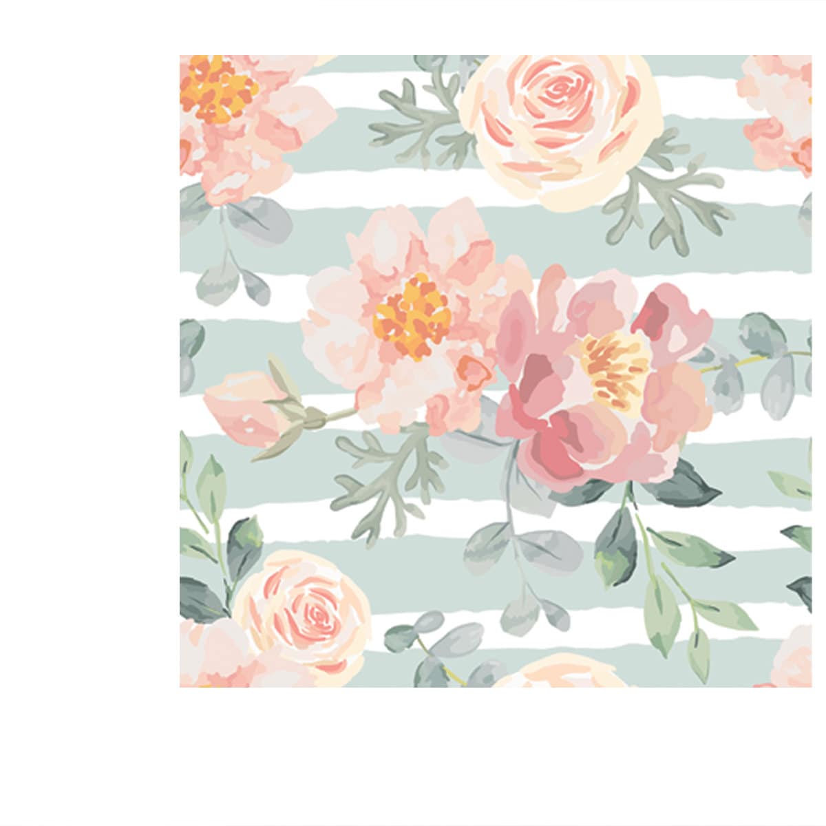 Pale Pink Roses and Peonies with Gray Leaves on the Striped Background Wallpaper Bedroom Mural