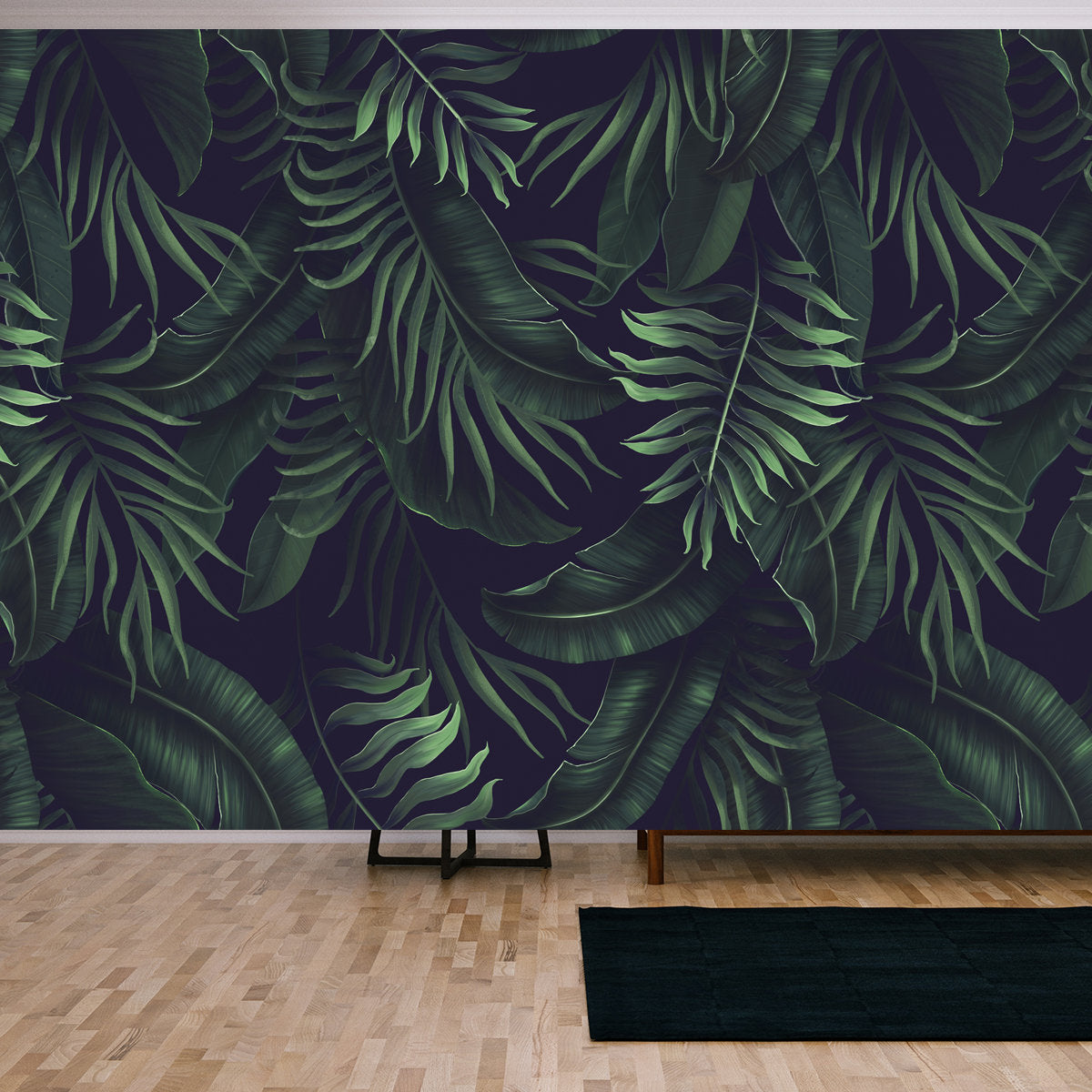 Dark Wallpaper with Tropical Leaves. Palm Leaves, Banana Leaves, Dark Background Wallpaper Living Room Mural