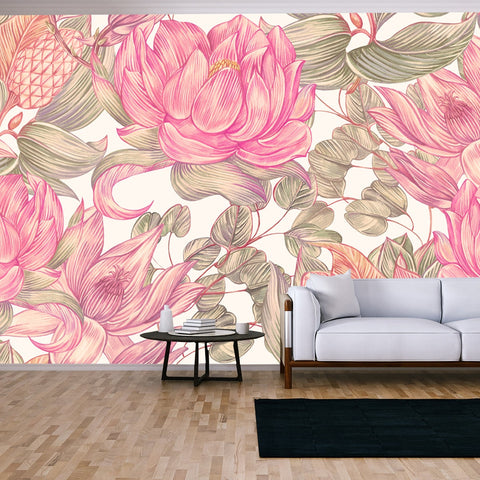 Blooming Flowers, Magnolia Flower, Eucalyptus, Leaves Floral Seamless Pattern Background Wallpaper Living Room Mural