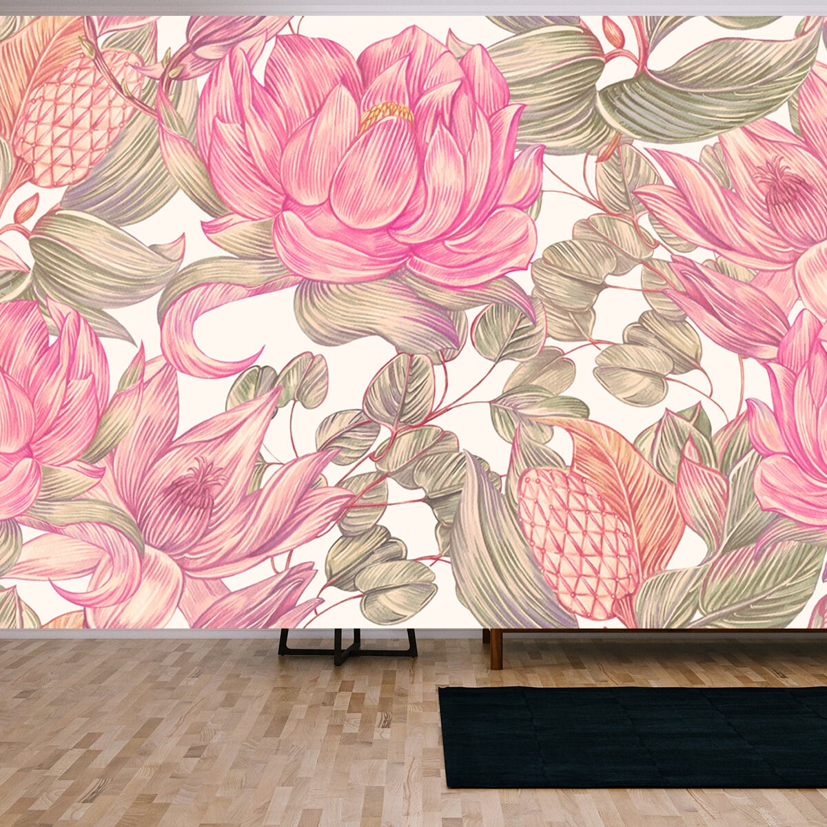 Blooming Flowers, Magnolia Flower, Eucalyptus, Leaves Floral Seamless Pattern Background Wallpaper Living Room Mural