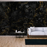 Natural Dark Black Marble Texture with Golden Veins, Black Granite Ceramic Tile Wallpaper Living Room Mural