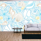 Vector Seamless Pattern of Line Art Tropical Sea Elements, Seashells, Sea Stars. Doodles of Marine Life Wallpaper Living Room Mural