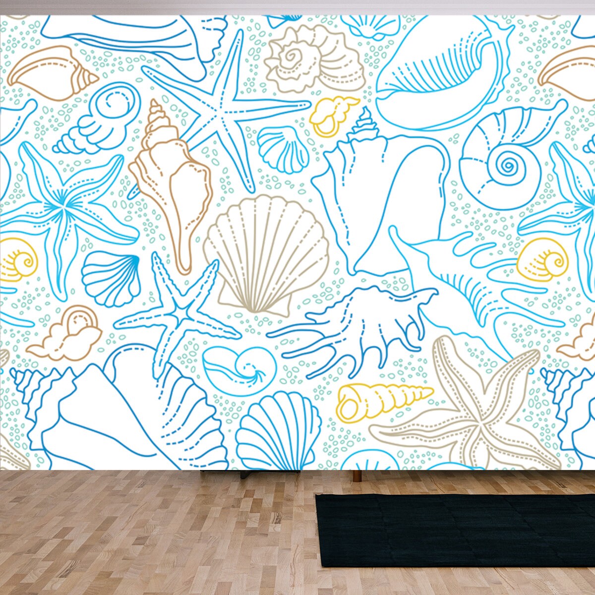 Vector Seamless Pattern of Line Art Tropical Sea Elements, Seashells, Sea Stars. Doodles of Marine Life Wallpaper Living Room Mural