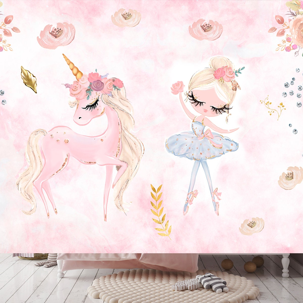 Unicorn and a Ballerina Princess on a Floral Background Wallpaper Girl Bedroom Mural