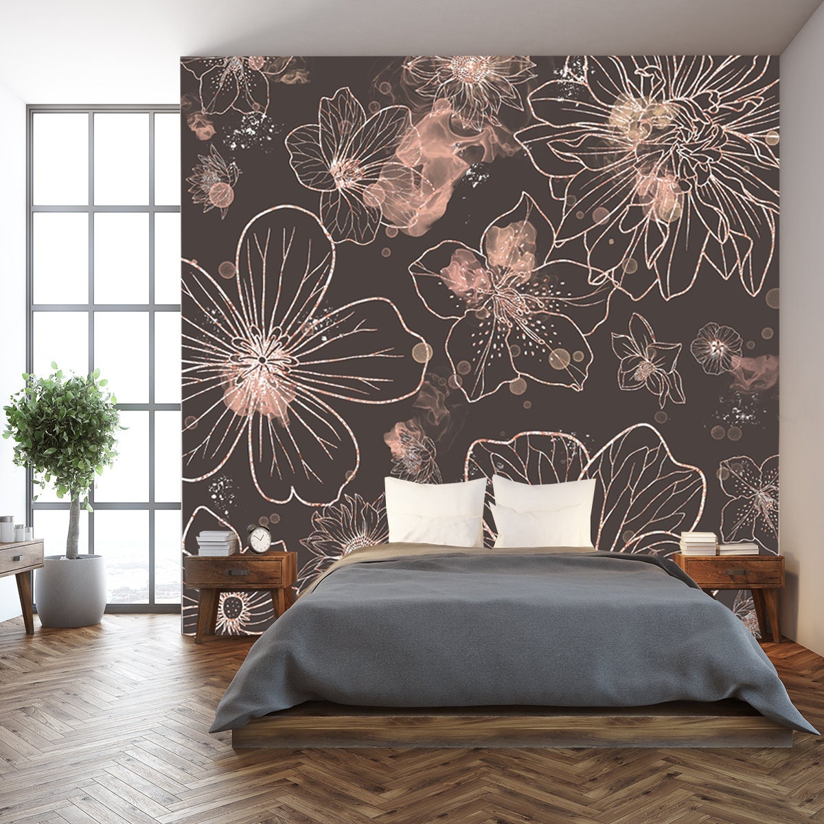 Floral Pattern with Glitter Background Wallpaper Bedroom Mural