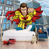 Cartoon Superhero in a Pop Art Comic Book Style Flying Over a City Wallpaper Boy Bedroom Mural