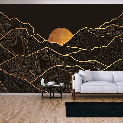 Mountain Line Art Background, Luxury Gold Wallpaper Living Room Mural