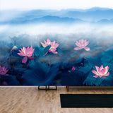 Summer Morning, Lotus, Pond and Distant Mountain Clouds and Fog Wallpaper Living Room Mural