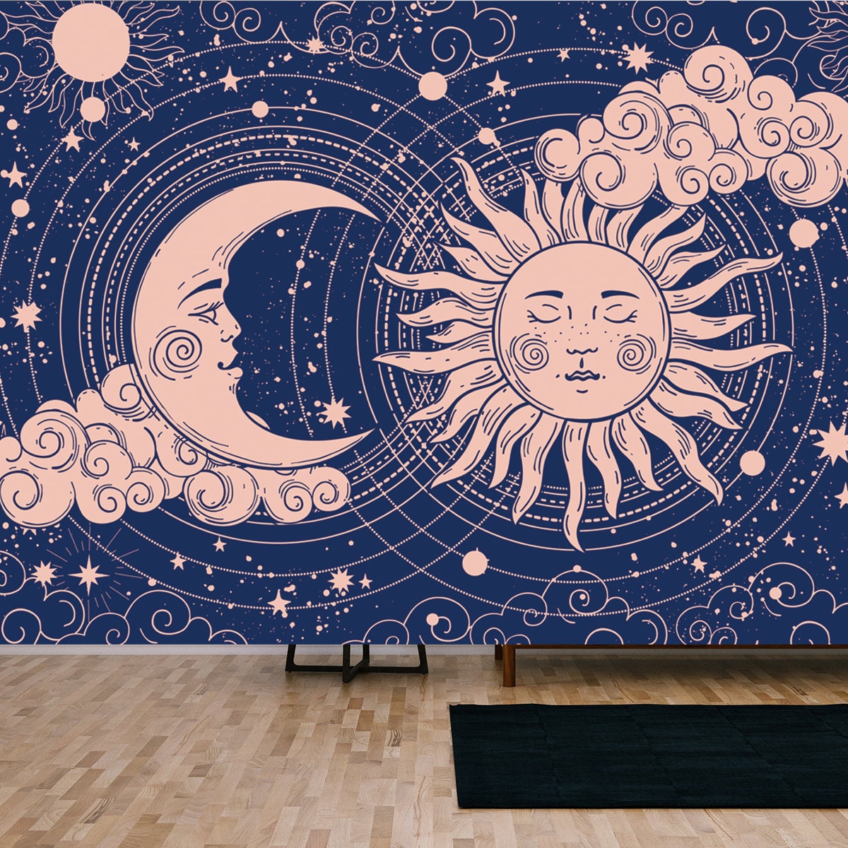 Banner for Astrology, Divination, Magic. The Device of the Universe, Crescent Moon and Sun with Moon on a Blue Wallpaper Living Room Mural